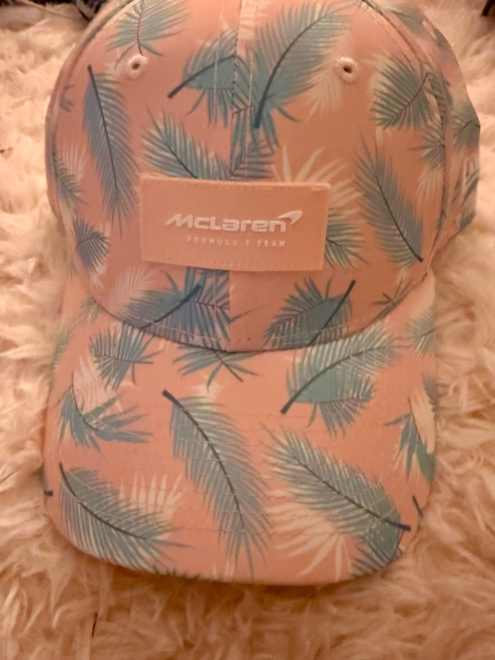 New Era Mclaren F1 Pink Cap with Blue-Green Palm Print